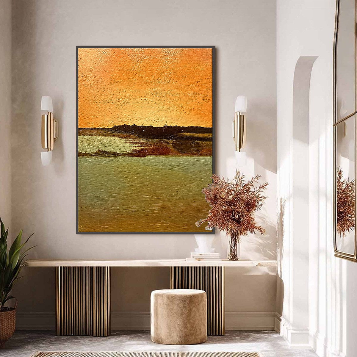 Amber Horizon textured impasto abstract landscape original painting.