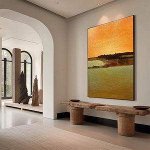 AMBER HORIZON: Textured impasto handmade original oil painting, abstract landscape art.