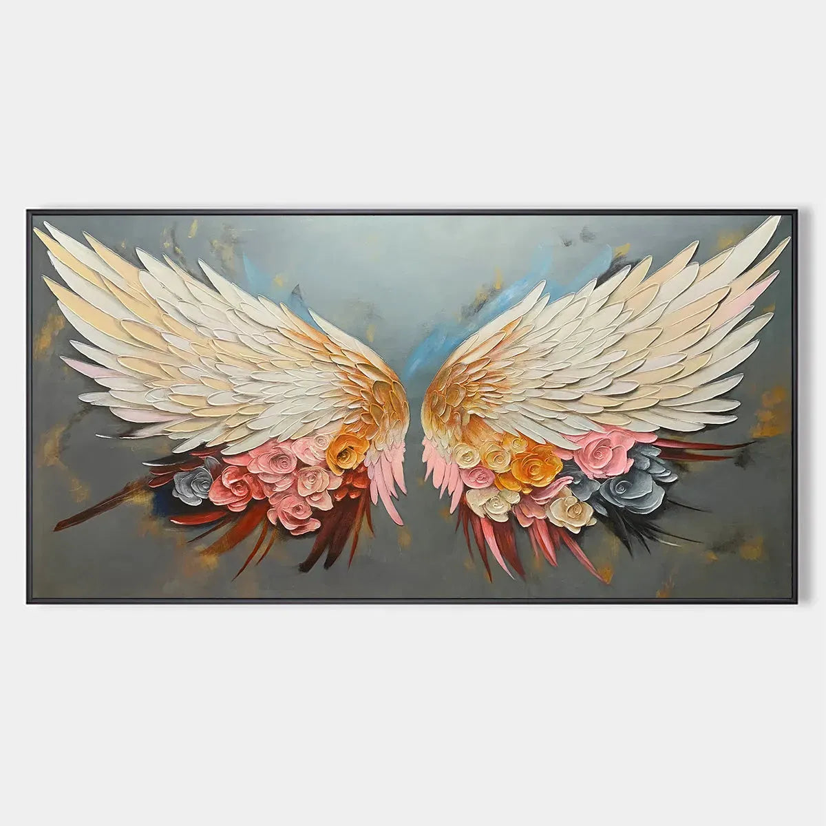 Panoramic Textured Impasto Painting of Floral Angel Wings, Romantic Wall Art, Bedroom Decor