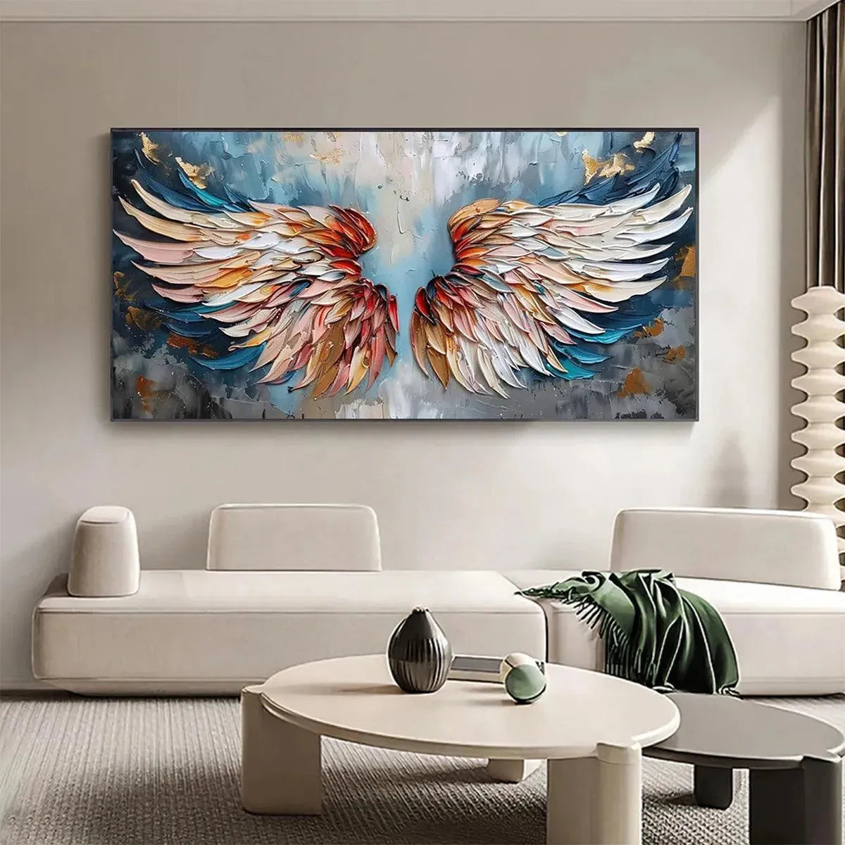 Textured impasto painting of colorful angel wings with gold leaf accents, showcasing vibrant hues and 3D paint texture.