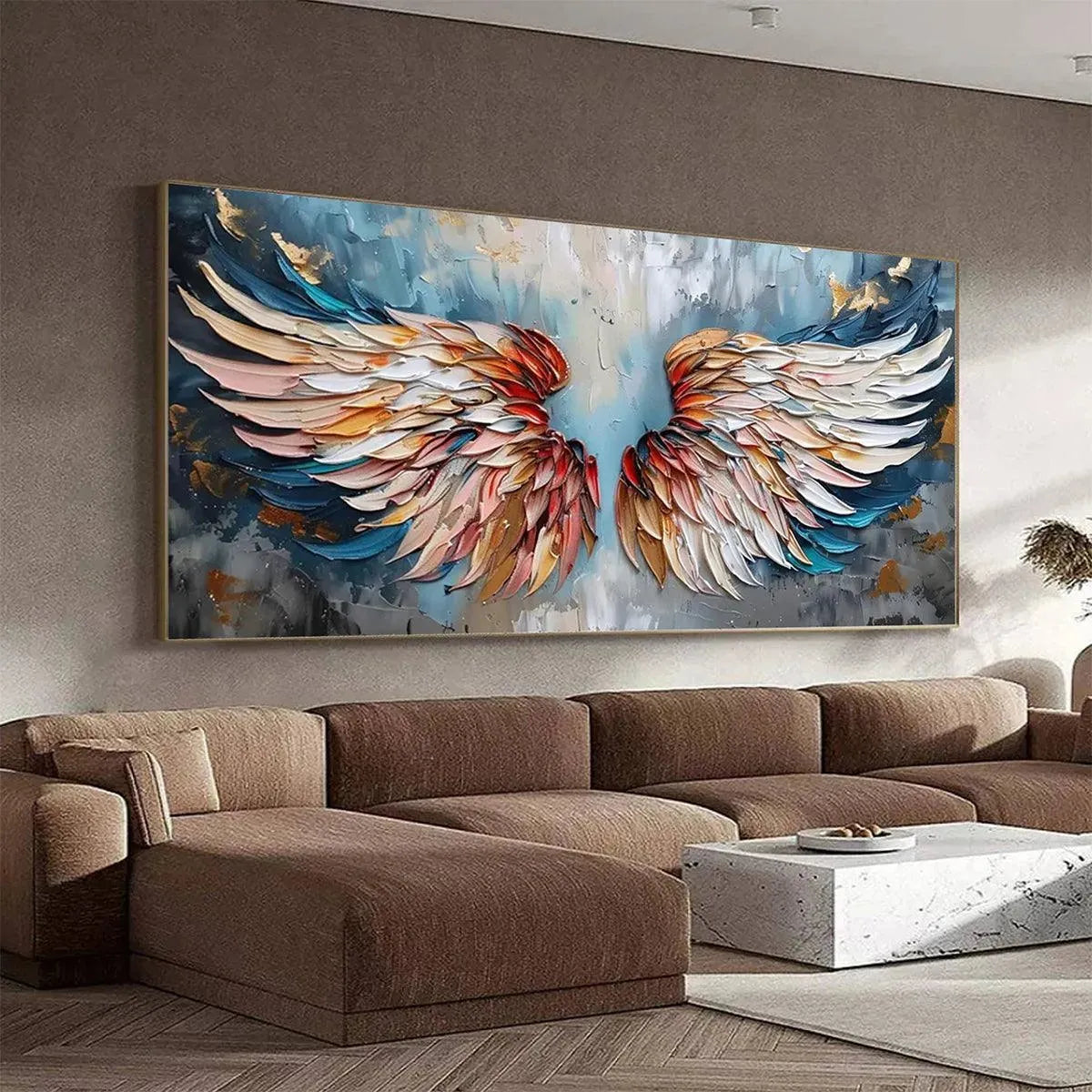Textured impasto painting of colorful angel wings with gold leaf accents, showcasing vibrant hues and 3D paint texture.