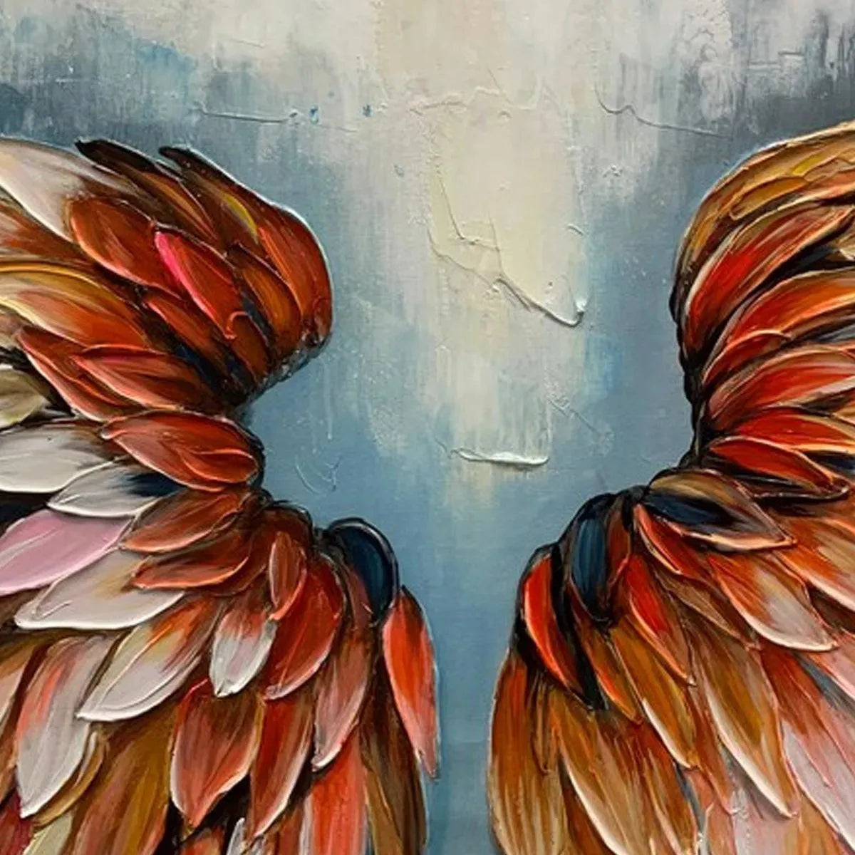 Textured impasto painting of colorful angel wings with gold leaf accents, showcasing vibrant hues and 3D paint texture.