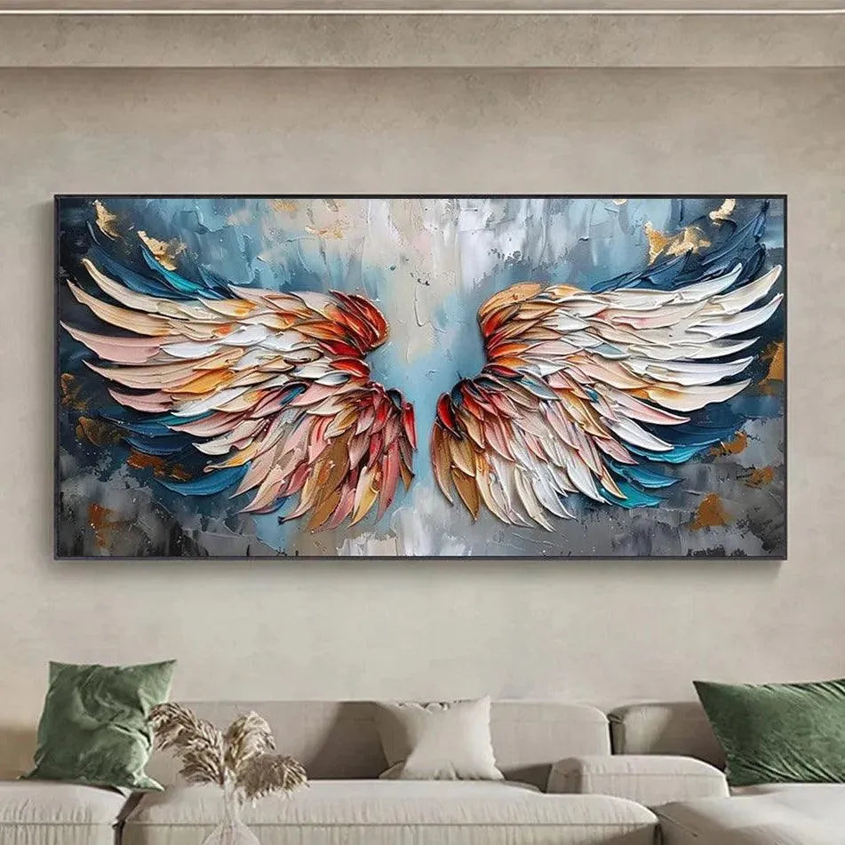 Textured impasto painting of colorful angel wings with gold leaf accents, showcasing vibrant hues and 3D paint texture.