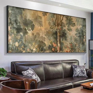 Antique Forest Tapestry Panoramic Wall Art by Liam O'Connell, featuring lush trees and flowers in muted tones.