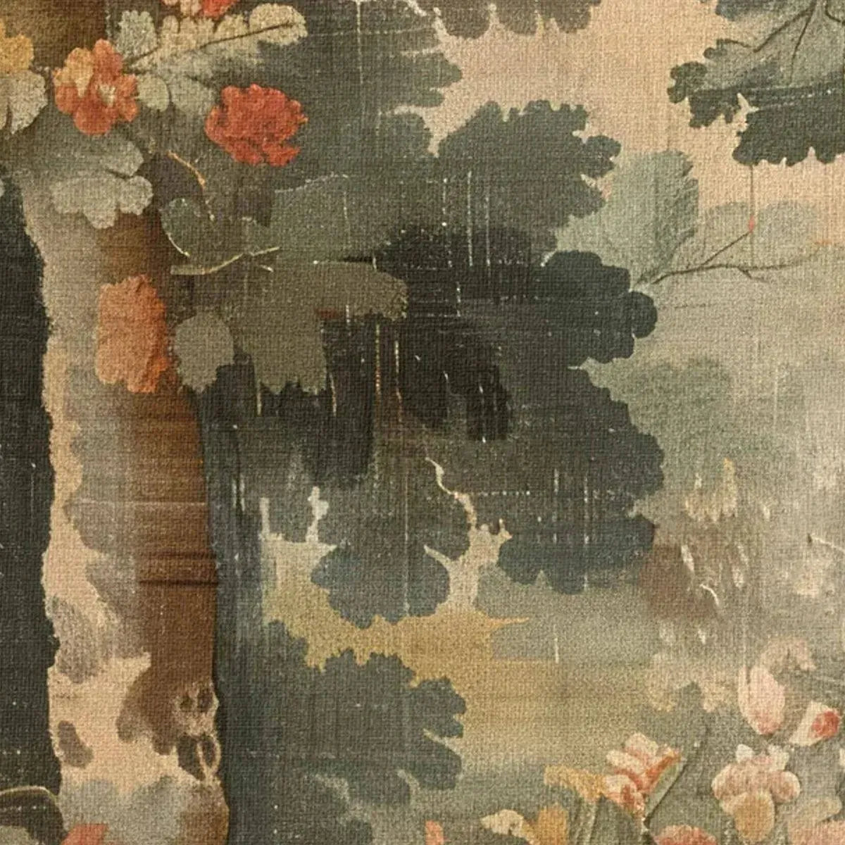 Antique Forest Tapestry Panoramic Wall Art by Liam O'Connell, featuring lush trees and flowers in muted tones.