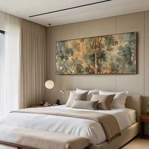 Antique Forest Tapestry Panoramic Wall Art by Liam O'Connell, featuring lush trees and flowers in muted tones.