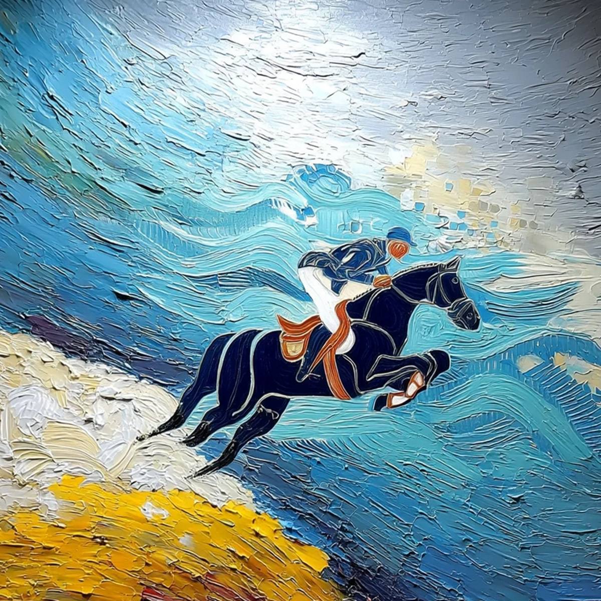 APEX JUMP: Dynamic Textured Equestrian Horse Jumping Painting