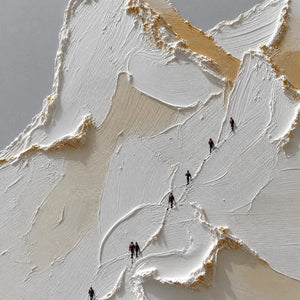 Textured impasto mountain ascent wall art in white, beige and gold with climbers