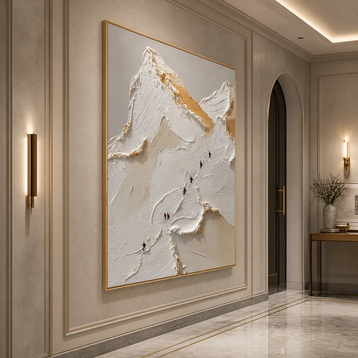 Textured impasto mountain ascent wall art in white, beige and gold framed in gold
