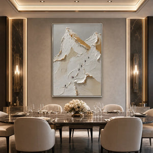 Textured impasto mountain ascent wall art in white, beige and gold for modern dining room