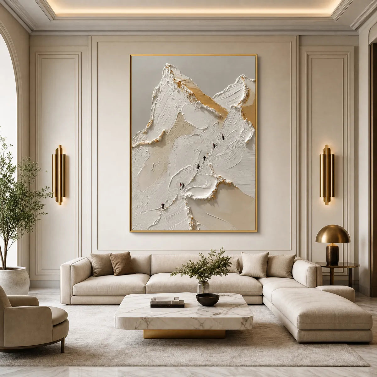 Textured impasto mountain ascent wall art in white and beige with gold accents
