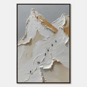 Textured impasto mountain ascent wall art in white, beige and gold tones
