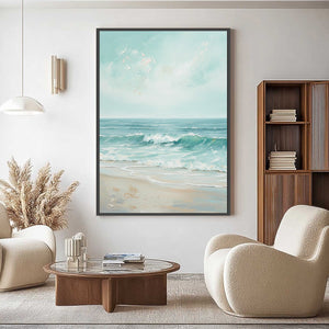 AQUA HORIZON: Textured Vertical Seascape Oil Painting