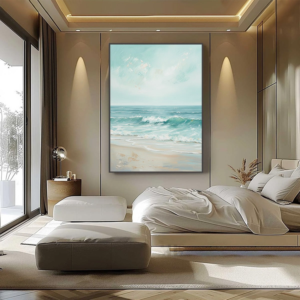AQUA HORIZON: Textured Vertical Seascape Oil Painting