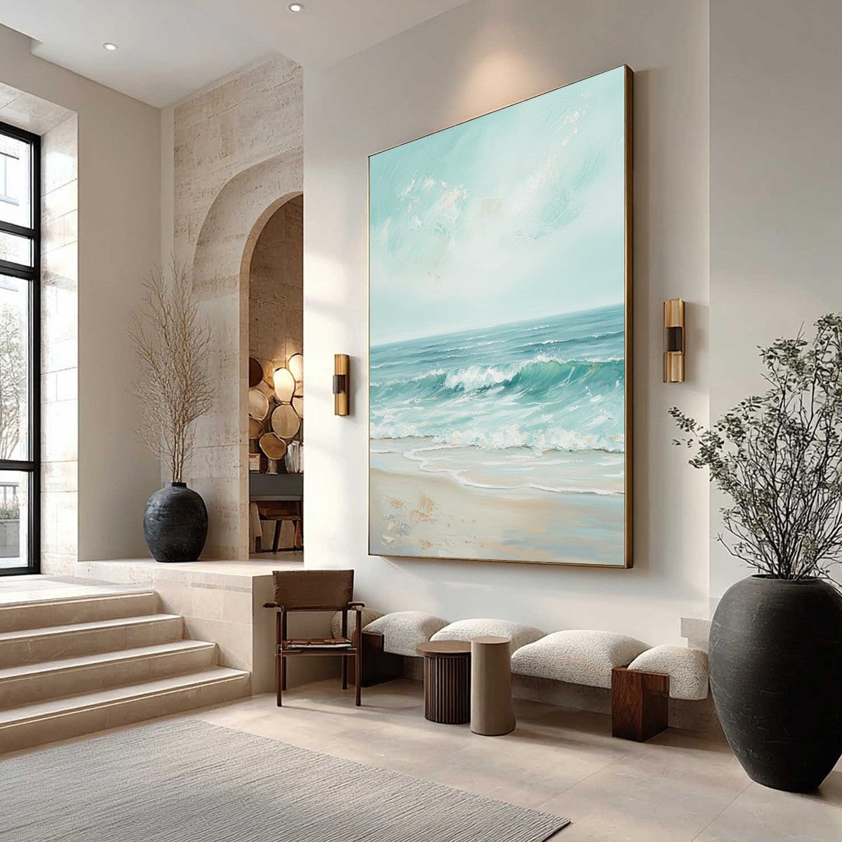 AQUA HORIZON: Textured Vertical Seascape Oil Painting