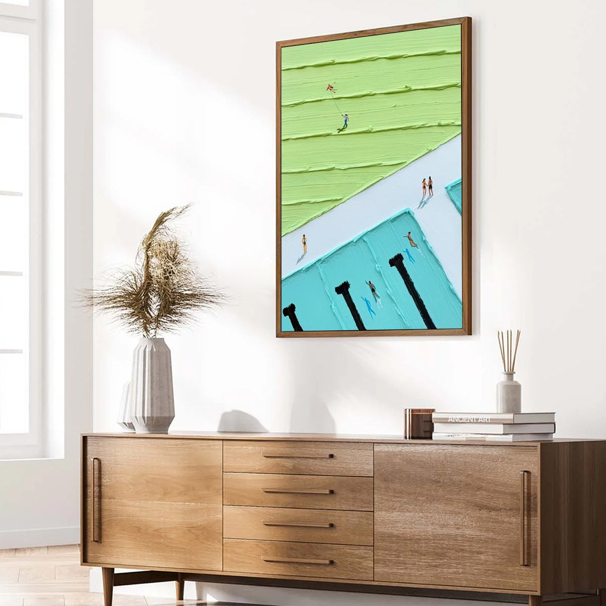 AQUA PROMENADE: Minimalist Poolside Cityscape Oil Painting