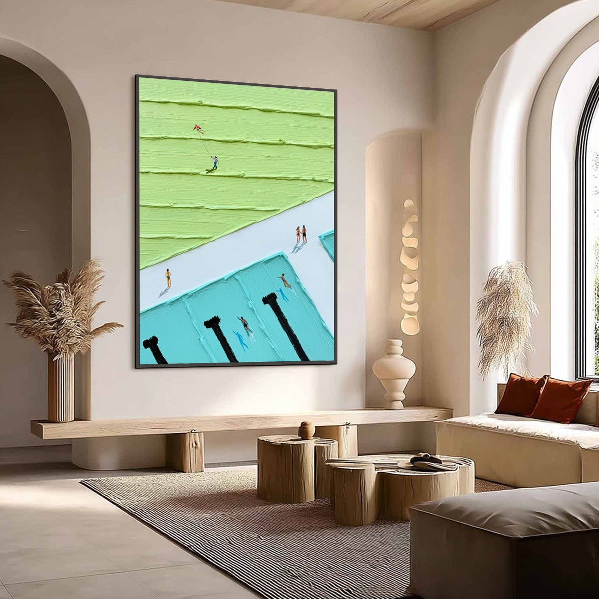 AQUA PROMENADE: Minimalist Poolside Cityscape Oil Painting
