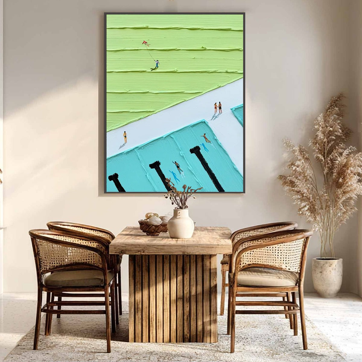 AQUA PROMENADE: Minimalist Poolside Cityscape Oil Painting