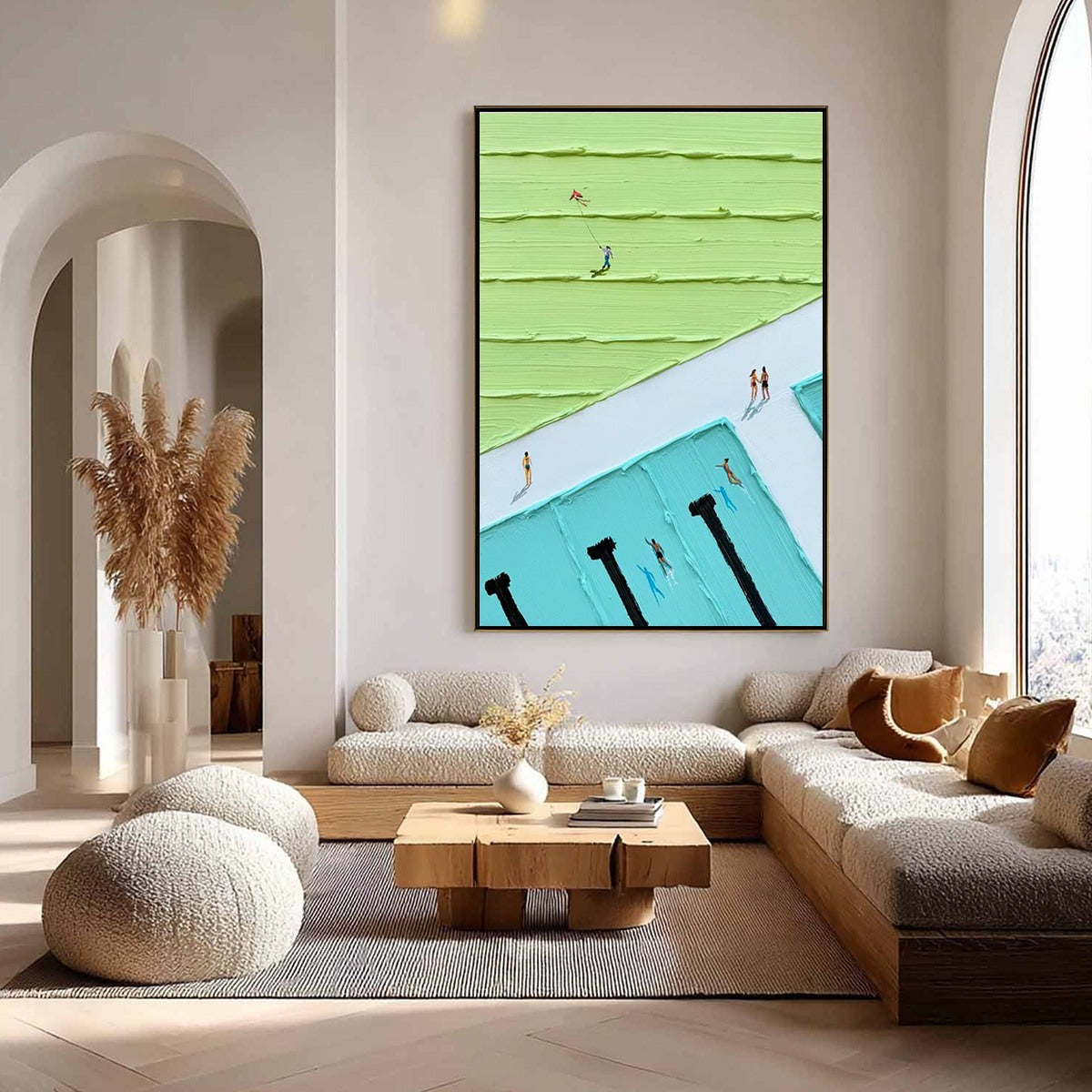 AQUA PROMENADE: Minimalist Poolside Cityscape Oil Painting
