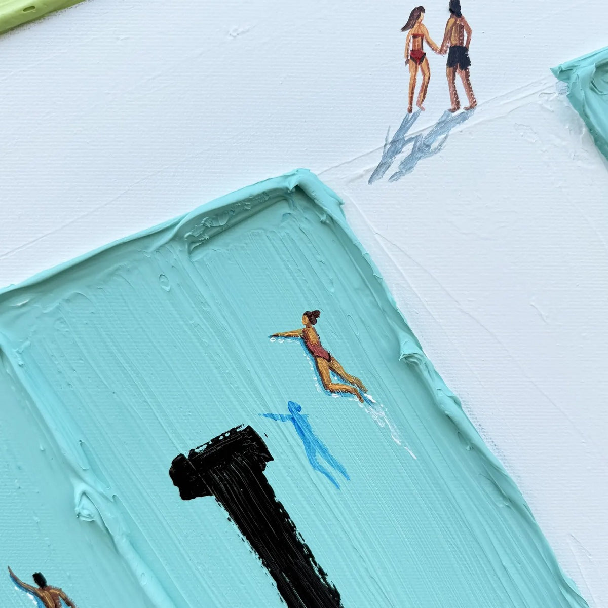 AQUA PROMENADE: Minimalist Poolside Cityscape Oil Painting