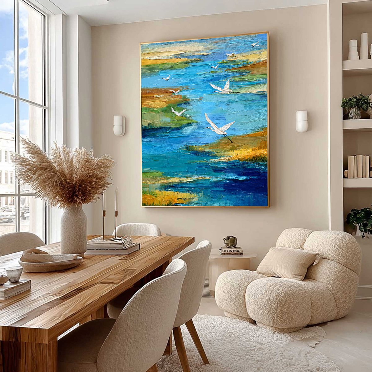 AQUAMARINE SOJOURN: Textured Impasto Coastal Landscape Painting with Birds