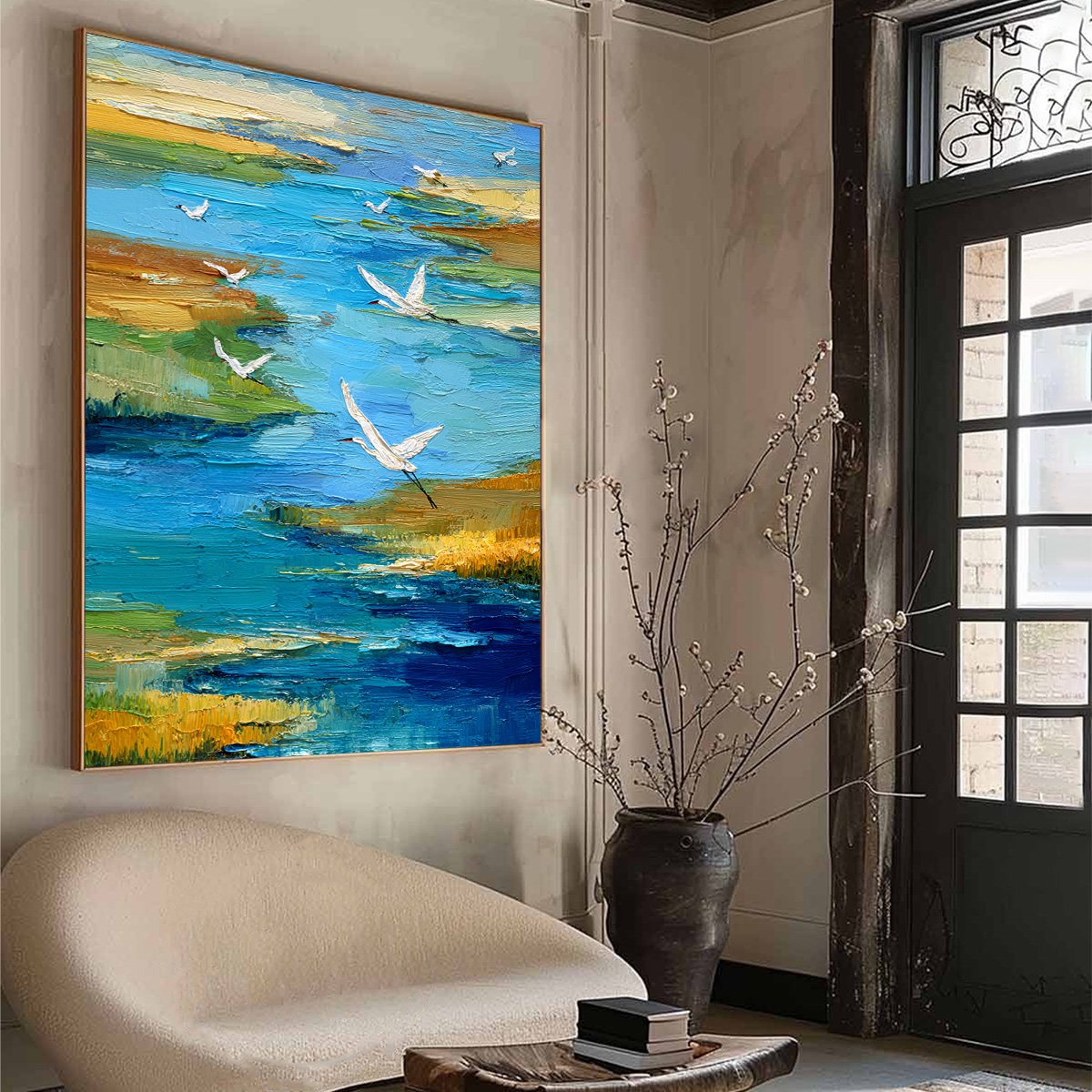 AQUAMARINE SOJOURN: Textured Impasto Coastal Landscape Painting with Birds