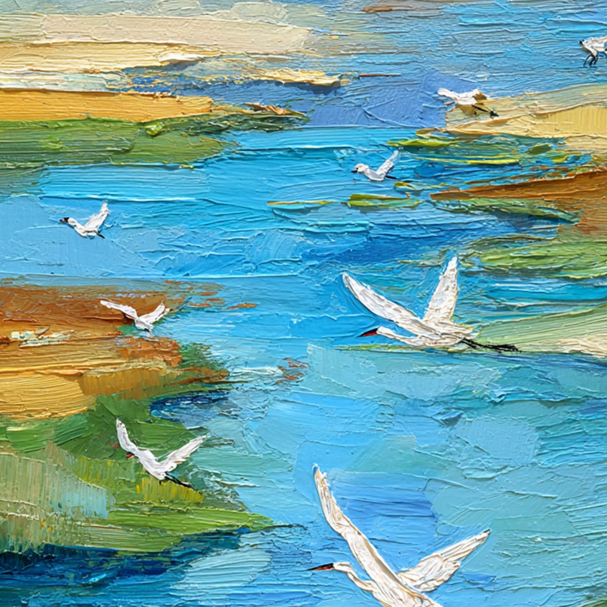 AQUAMARINE SOJOURN: Textured Impasto Coastal Landscape Painting with Birds