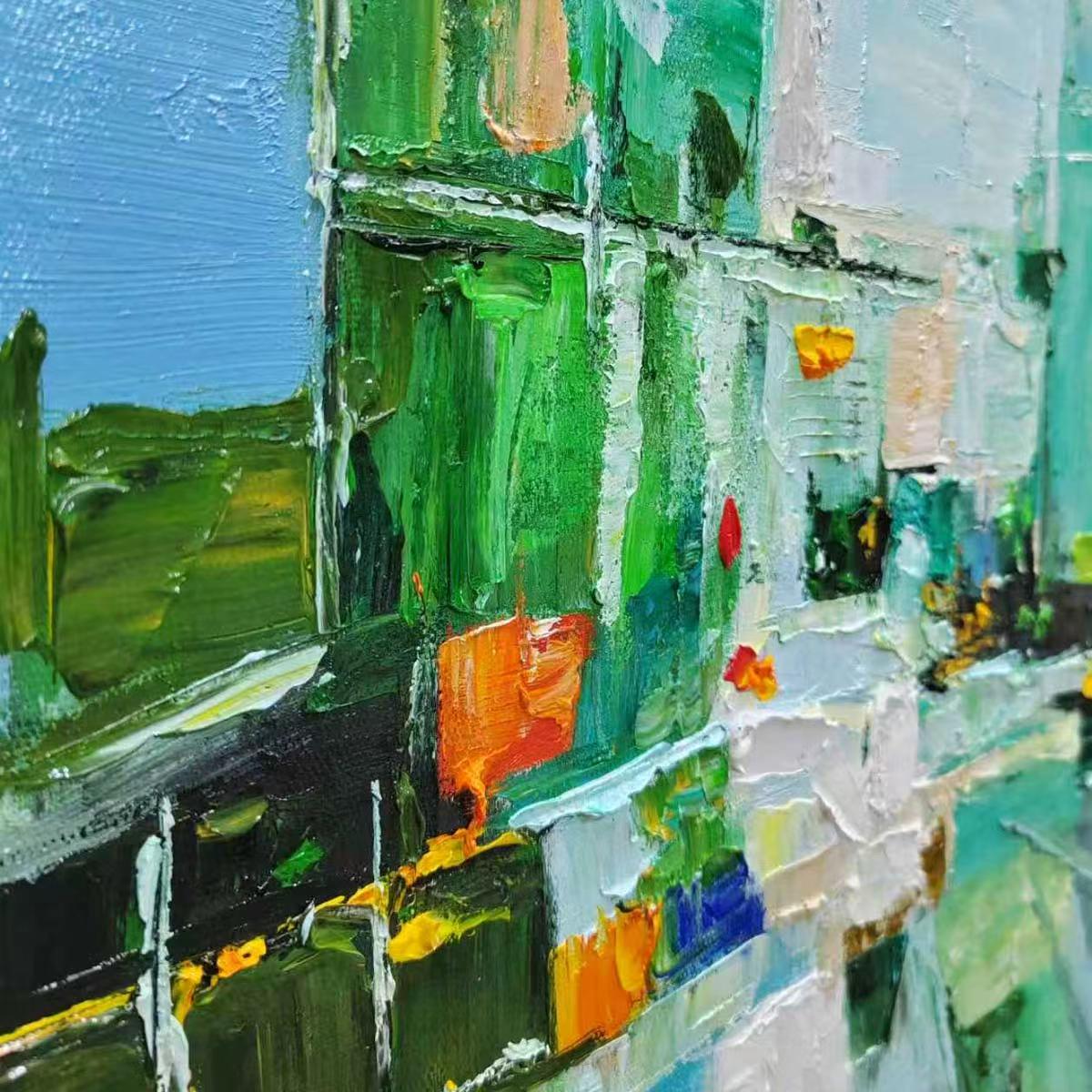 AQUAMARINE CITY: Textured Abstract Cityscape Oil Painting