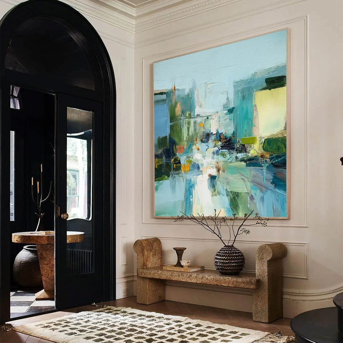  AQUAMARINE CITY: Textured Abstract Cityscape Oil Painting