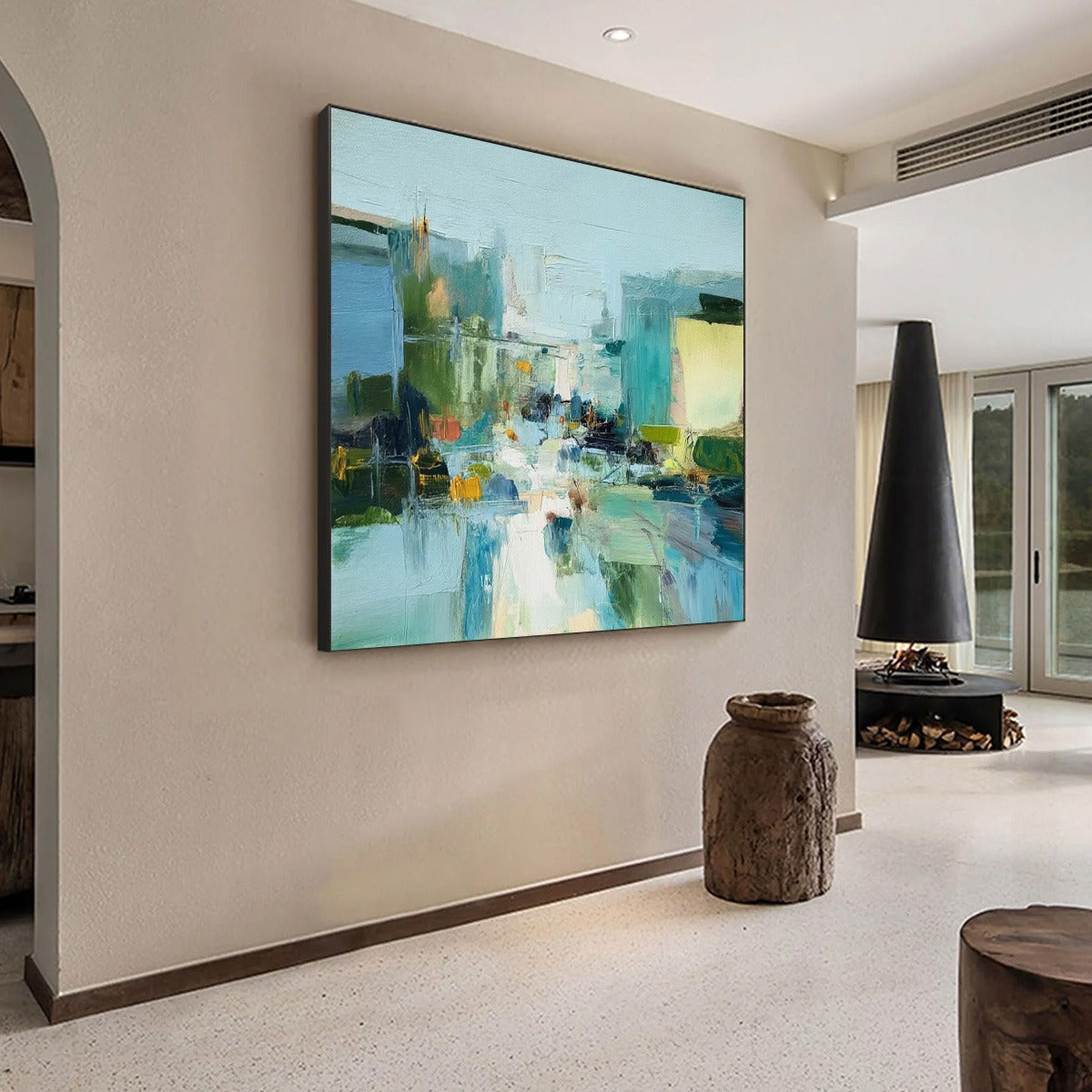 AQUAMARINE CITY: Textured Abstract Cityscape Oil Painting