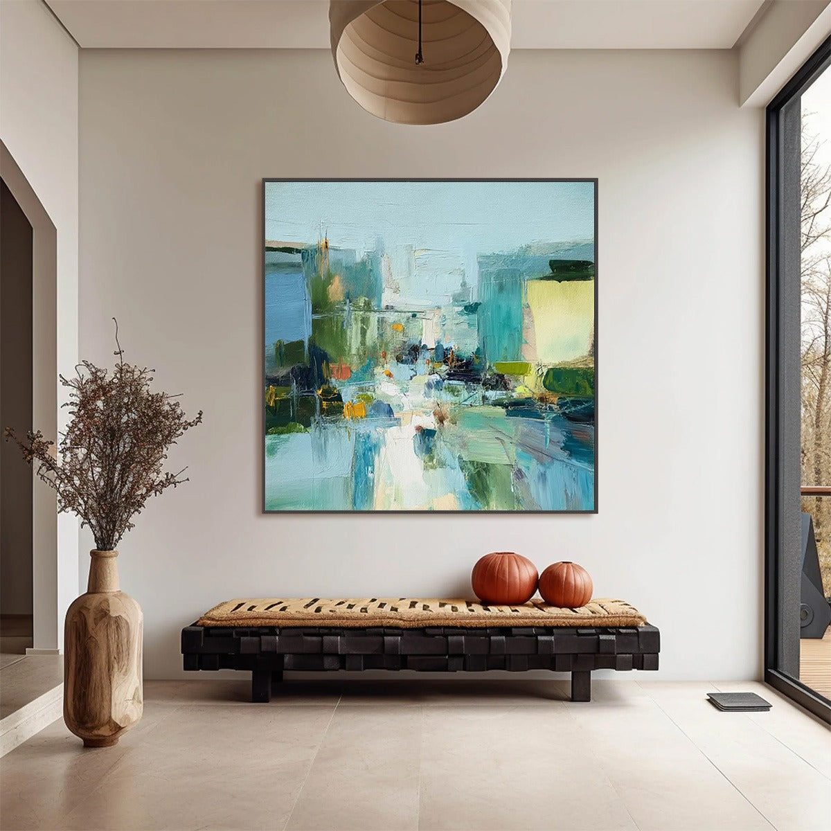 AQUAMARINE CITY: Textured Abstract Cityscape Oil Painting