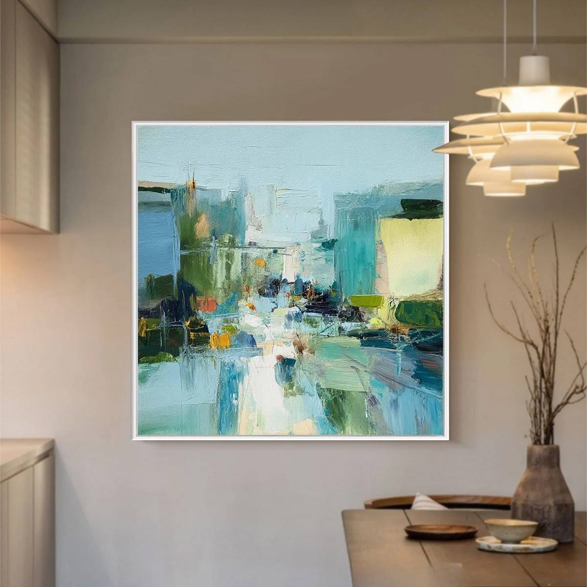 AQUAMARINE CITY: Textured Abstract Cityscape Oil Painting