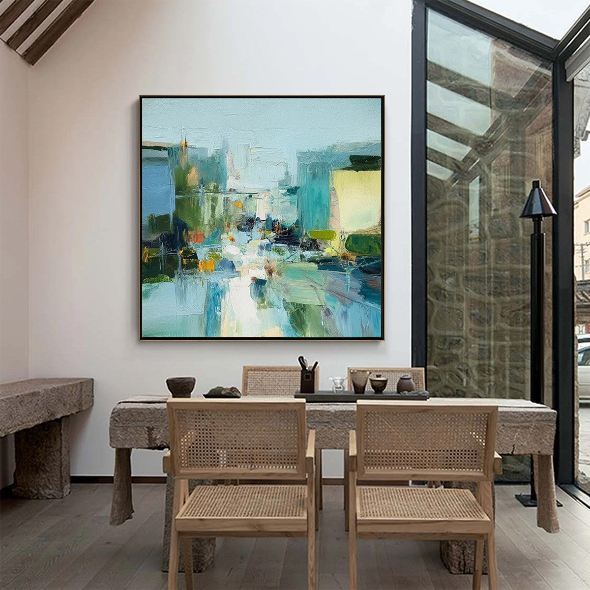 AQUAMARINE CITY: Textured Abstract Cityscape Oil Painting