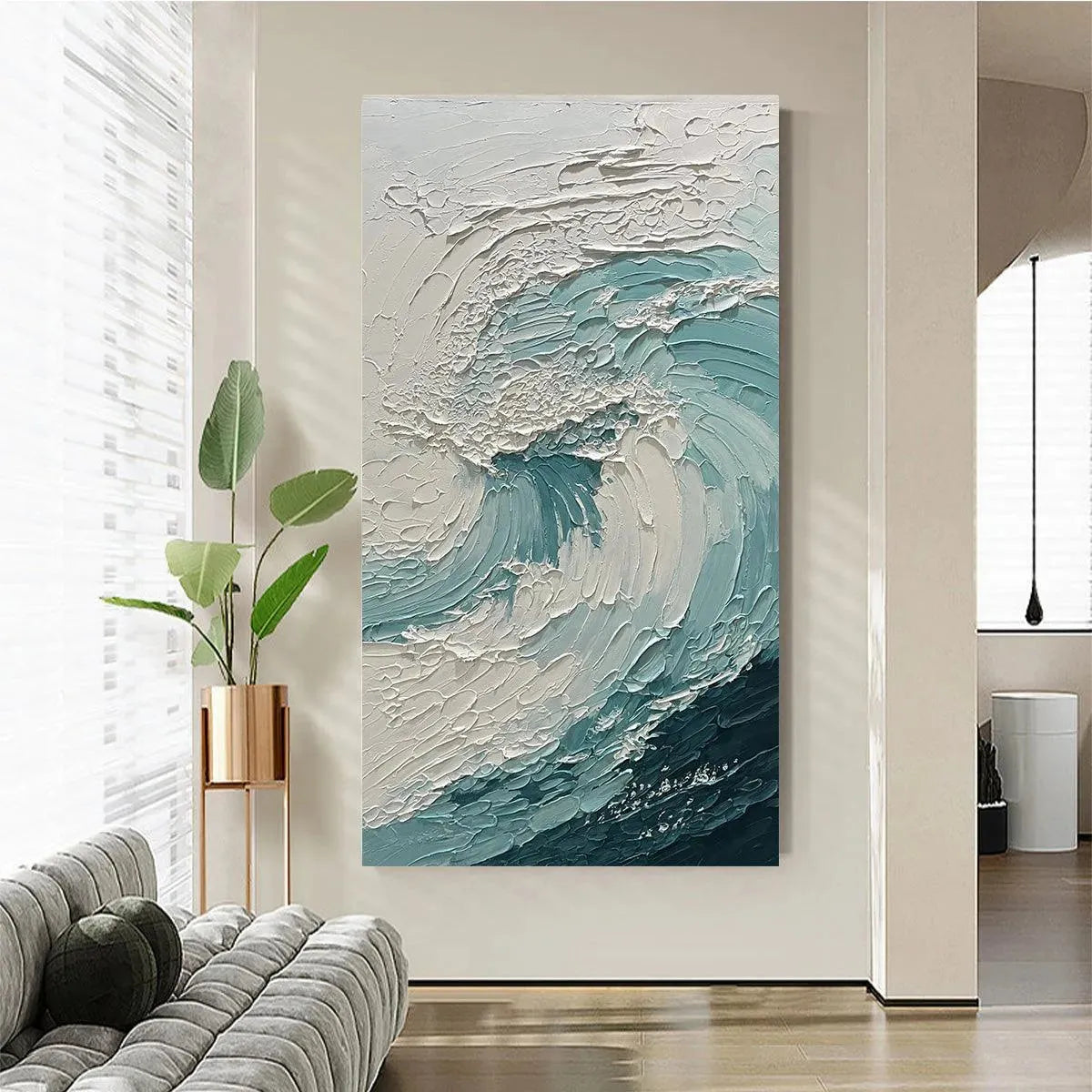 Textured Ocean Wave Painting, Vertical Canvas, Coastal Wall Art