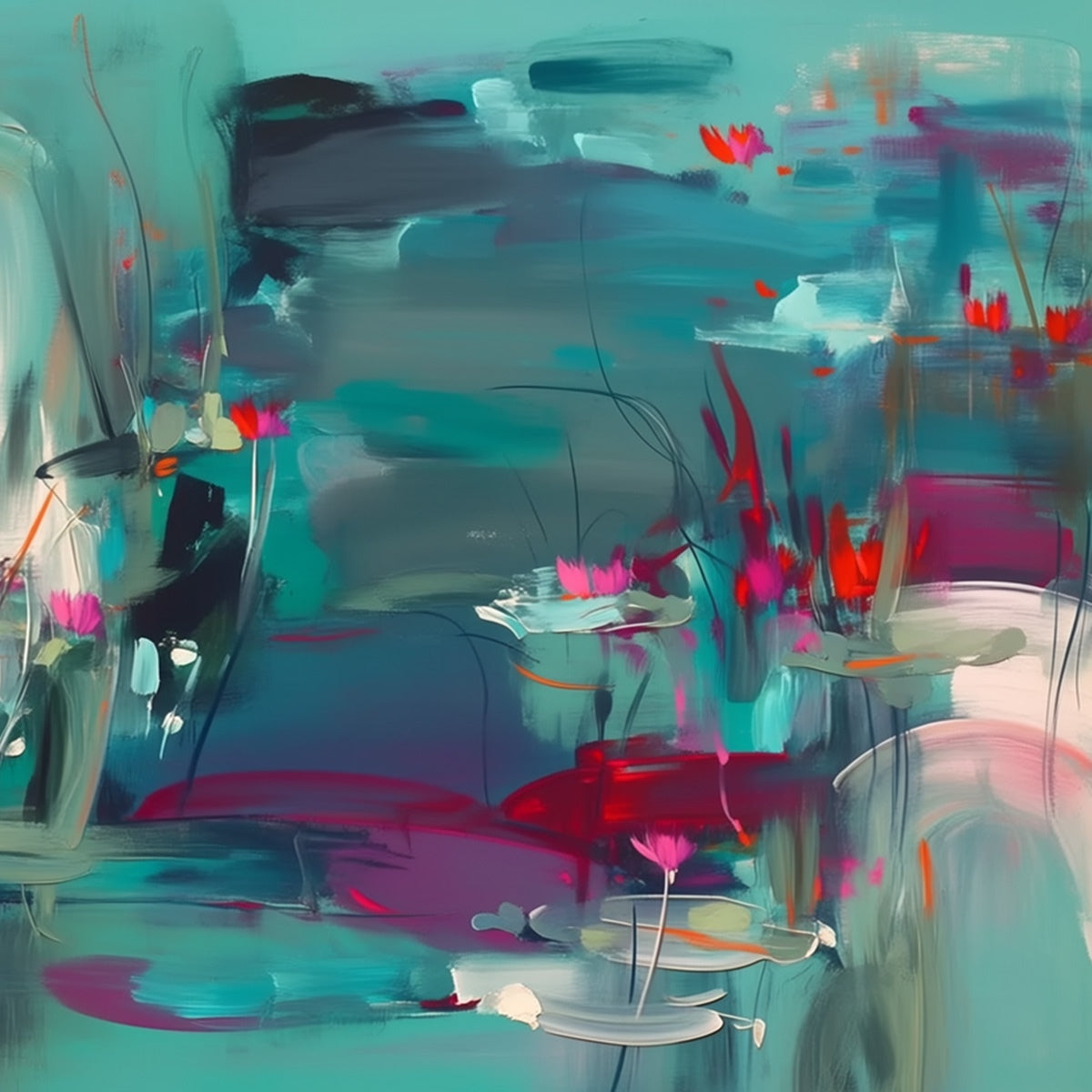 AQUATIC REVERIE: Vibrant Abstract Water Lily Pond Painting