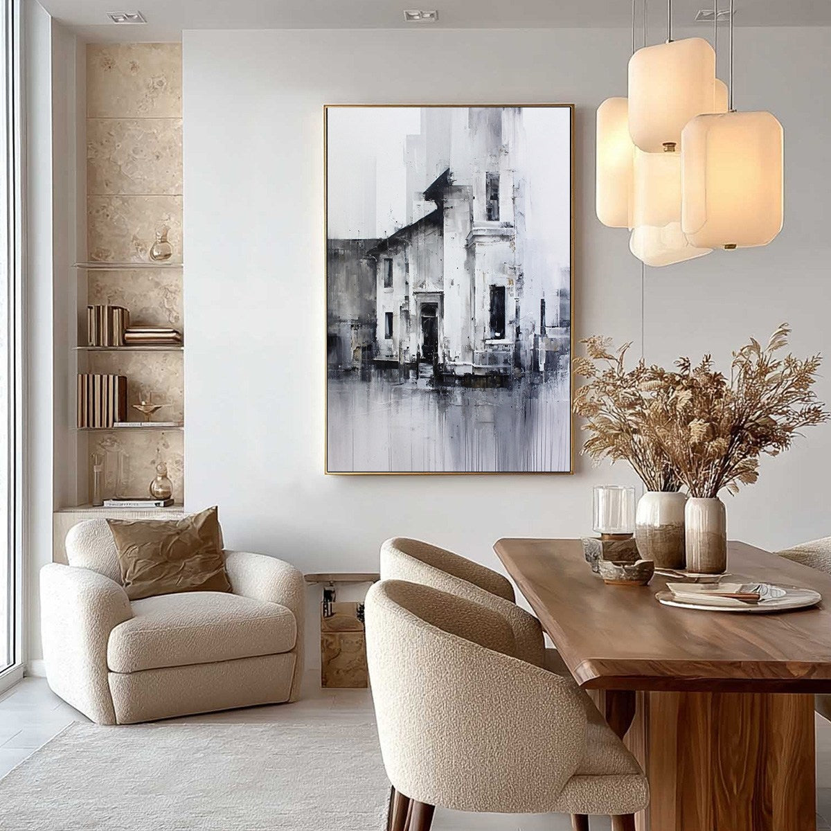 ARCHITECTURAL ECHO: Monochrome Abstract Cityscape Painting