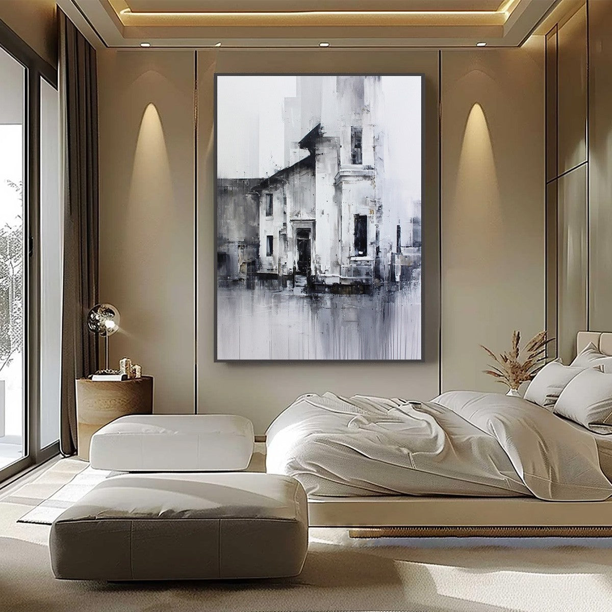 ARCHITECTURAL ECHO: Monochrome Abstract Cityscape Painting