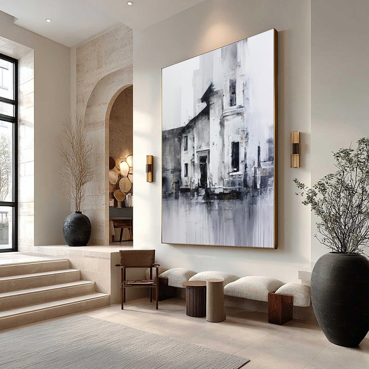 ARCHITECTURAL ECHO: Monochrome Abstract Cityscape Painting