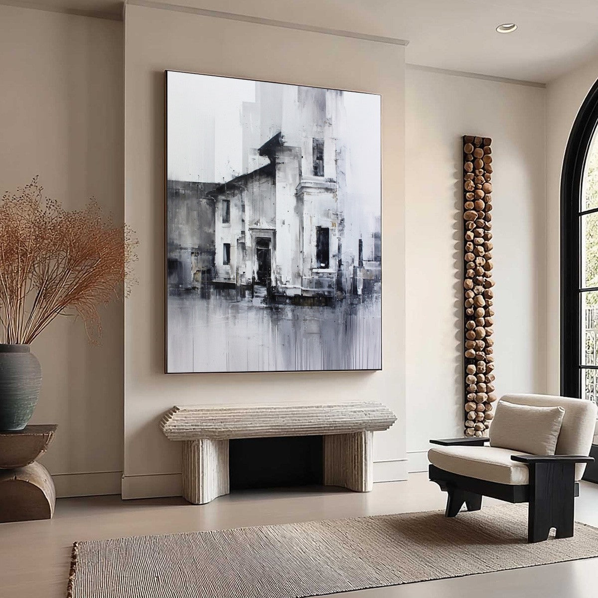 ARCHITECTURAL ECHO: Monochrome Abstract Cityscape Painting