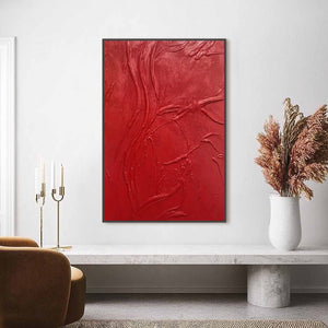 Bold red impasto abstract original painting, modern textured wall art.