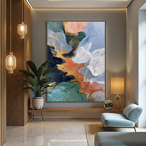 ASCENSION: Textured impasto abstract painting with gold, teal, coral, white accents.