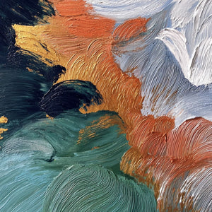 ASCENSION: Textured impasto original abstract wall art. Teal, coral, gold, white.