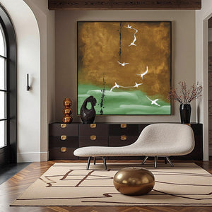 Handmade abstract wall art: "Ascension" oil painting with birds, gold & sage green.