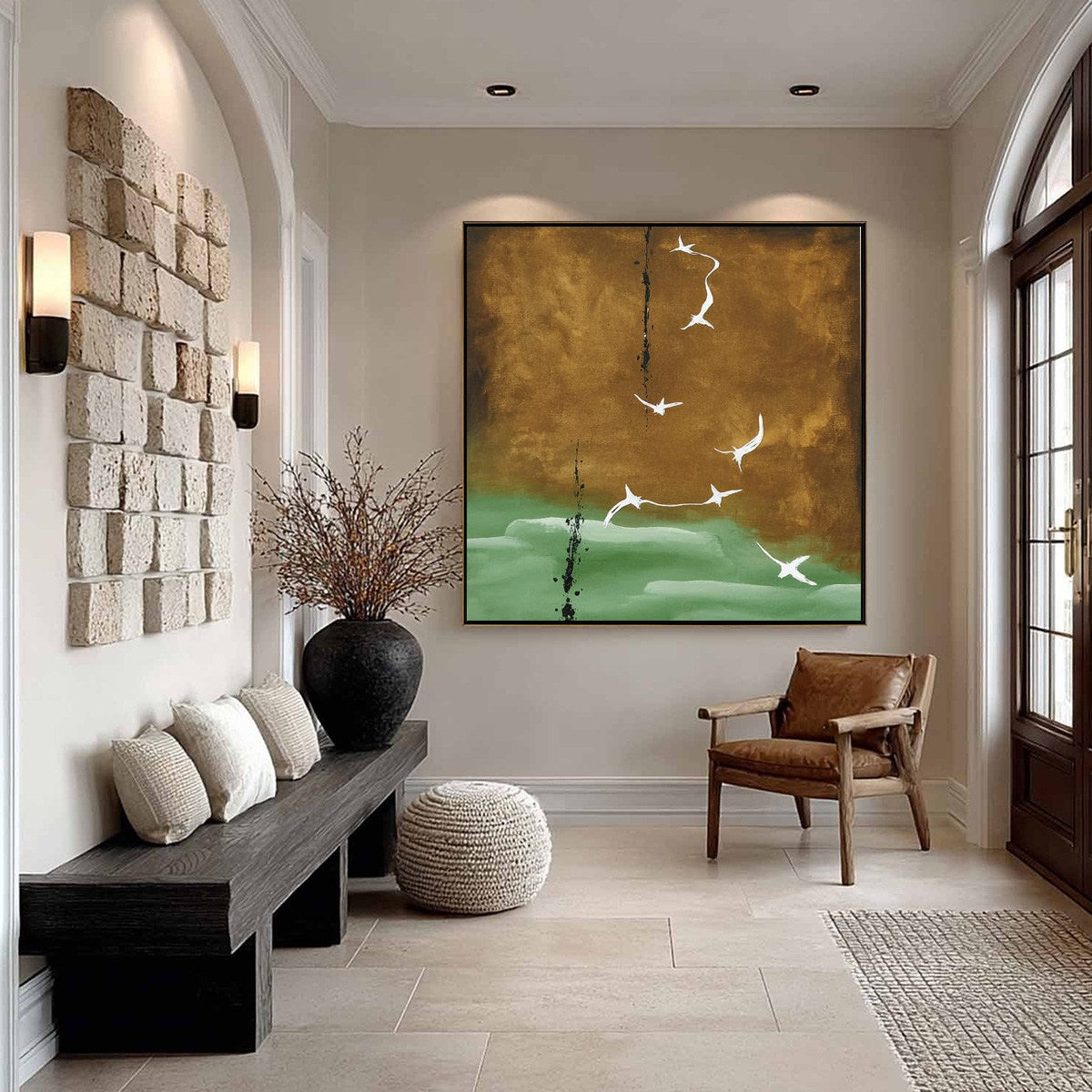 Original Wabi Sabi abstract wall art: white birds on gold & sage green.