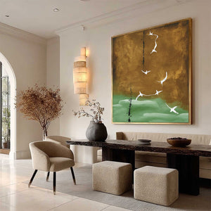Original abstract wall art: Wabi Sabi painting, white birds on gold & sage green.
