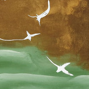 ASCENSION abstract acrylic painting: white birds soaring in gold/green.