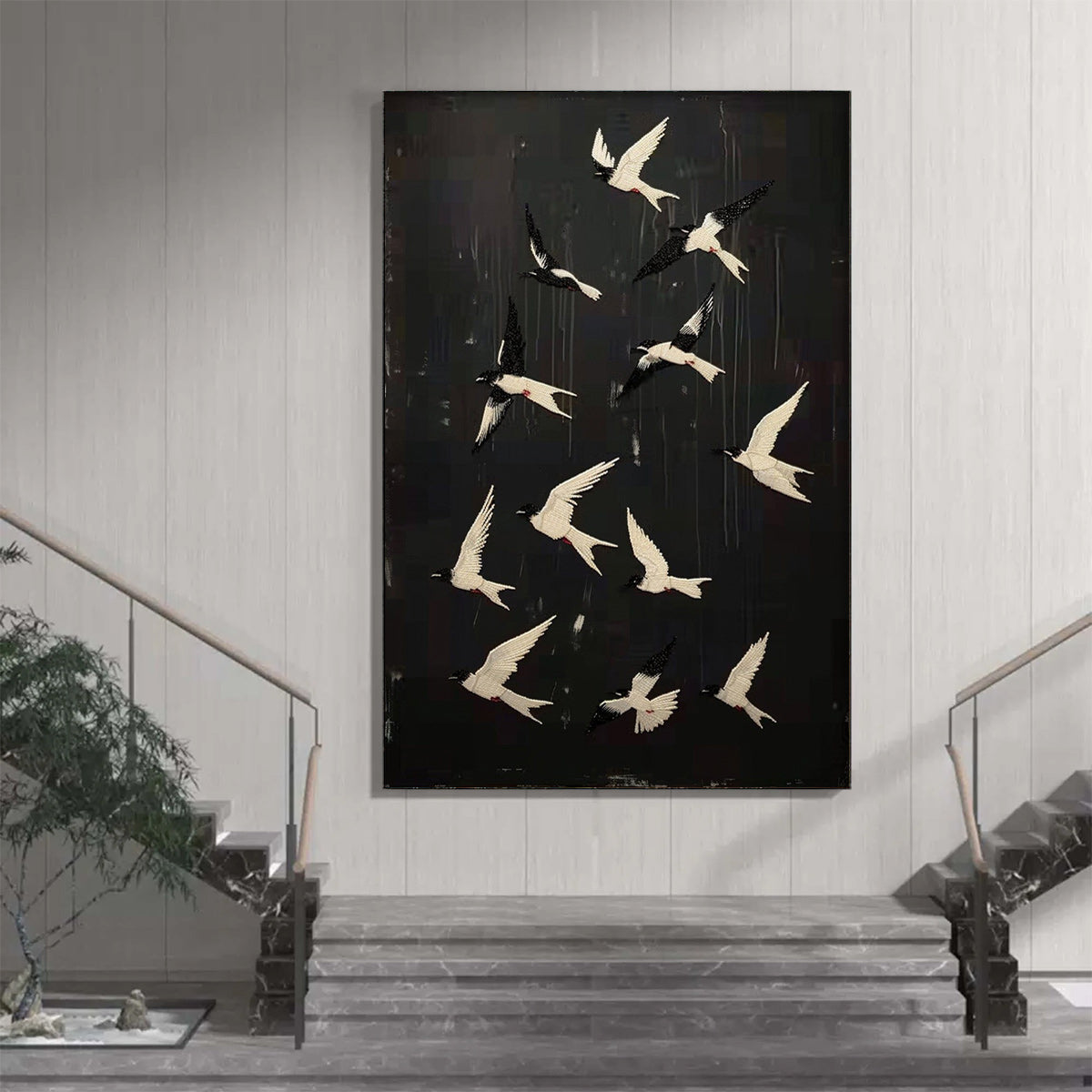 Ascension: Original Beaded Birds Artwork - Textured Black and White Wall Art Decor