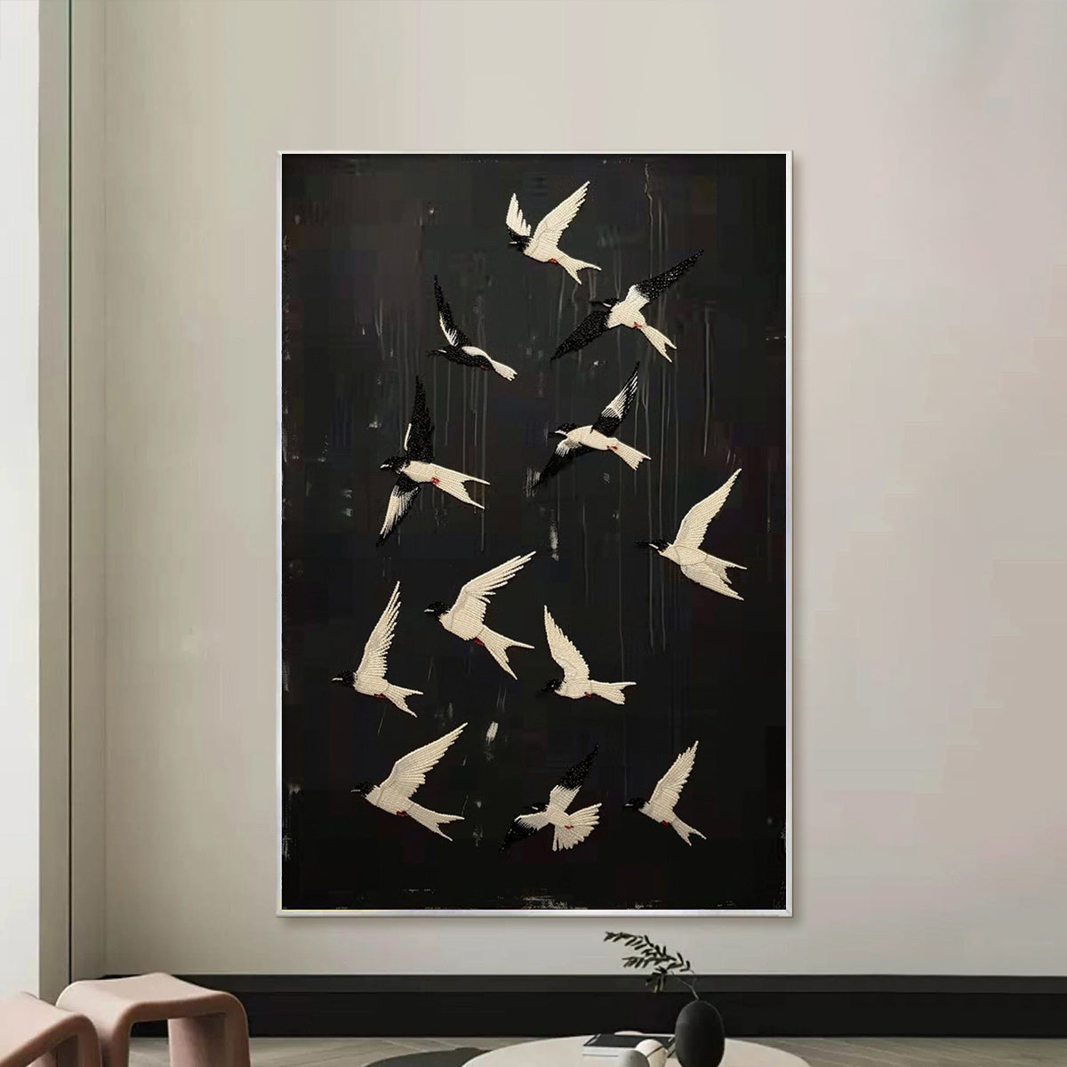 Ascension: Original Beaded Birds Artwork - Textured Black and White Wall Art Decor