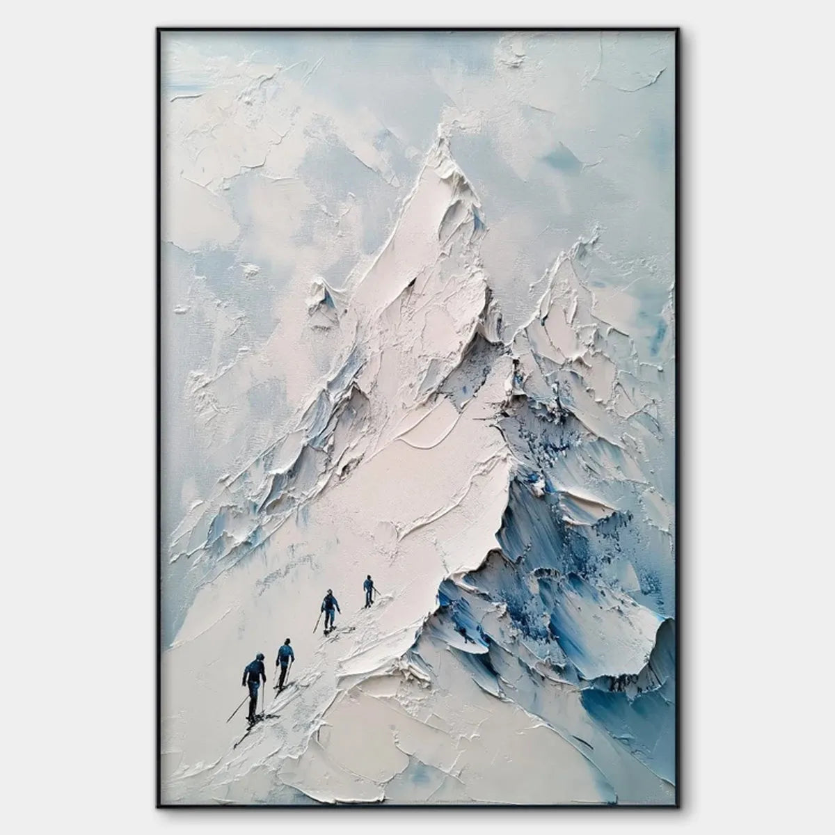 絵画 Mountain Landscape Ascent: Textured Impasto Mountain Landscape Painting with Skiers