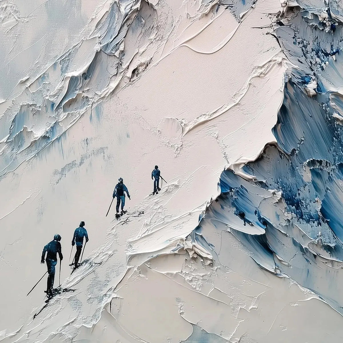 Textured Impasto Mountain Landscape Painting with Skiers